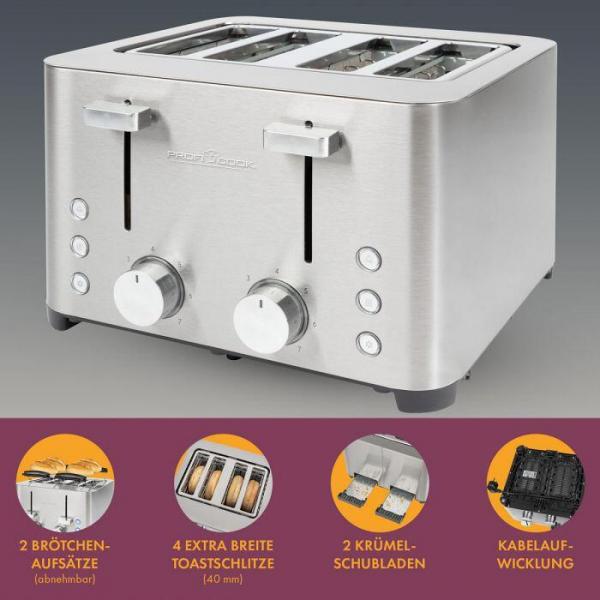 ProfiCook PC-TA 1252 Toaster, 4 Scheiben, 1500 W, Krümelschubladen, Edelstahl