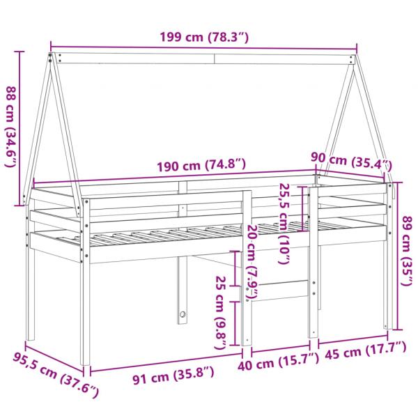 Hochbett mit Dach 90x190 cm Massivholz Kiefer