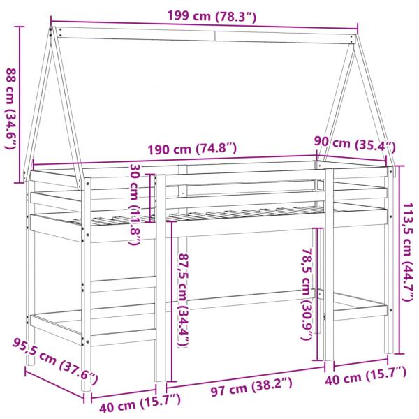 Hochbett mit Leiter und Dach 90x190 cm Massivholz Kiefer