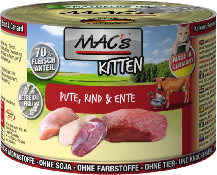 ARDEBO.de MACs Cat Kitten Pute, Rind & Ente 200g