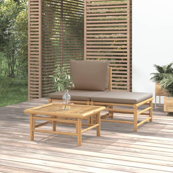 ARDEBO.de - 3-tlg. Garten-Lounge-Set mit Taupe Kissen Bambus