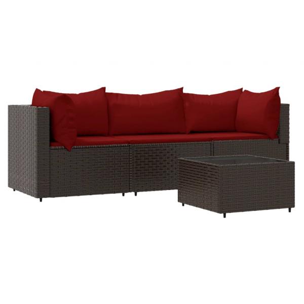 4-tlg. Garten-Lounge-Set mit Kissen Braun Poly Rattan