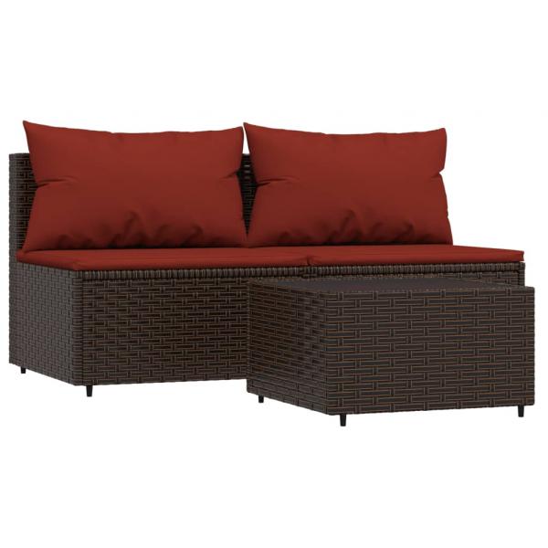 3-tlg. Garten-Lounge-Set mit Kissen Braun Poly Rattan