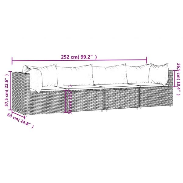 4-tlg. Garten-Lounge-Set mit Kissen Braun Poly Rattan