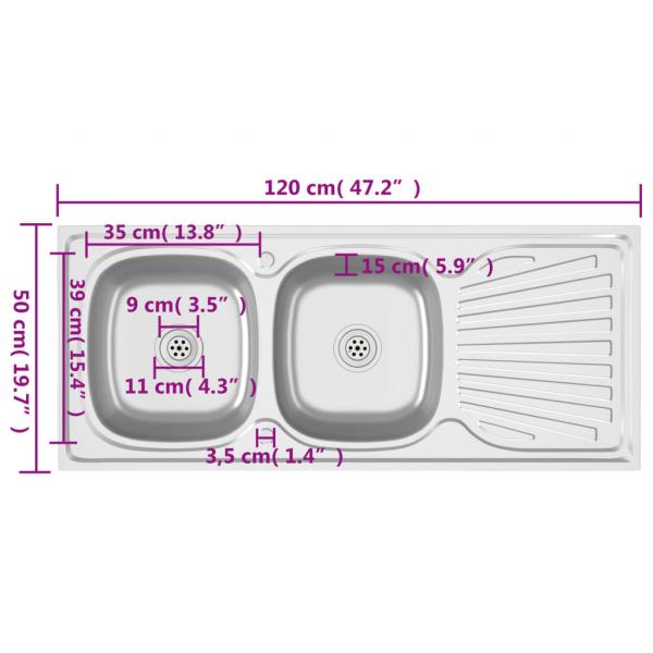 Doppelspüle Silbern 1200x500x155 mm Edelstahl