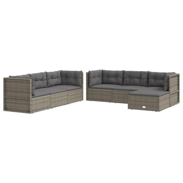 7-tlg. Garten-Lounge-Set mit Kissen Grau Poly Rattan