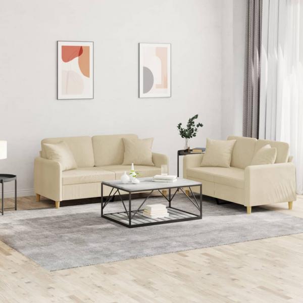 ARDEBO.de - 2-tlg. Sofagarnitur mit Kissen Creme Stoff