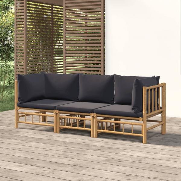 ARDEBO.de - 3-tlg. Garten-Lounge-Set mit Dunkelgrauen Kissen Bambus