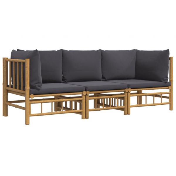 3-tlg. Garten-Lounge-Set mit Dunkelgrauen Kissen Bambus