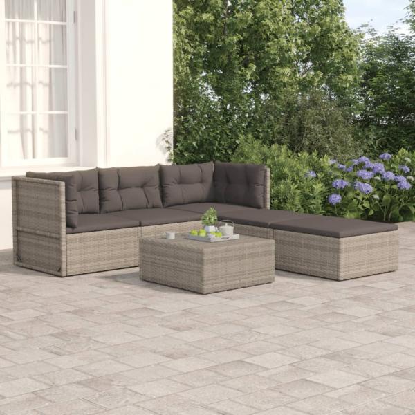 ARDEBO.de - 5-tlg. Garten-Lounge-Set mit Kissen Grau Poly Rattan