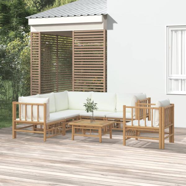 ARDEBO.de - 7-tlg. Garten-Lounge-Set mit Cremeweißen Kissen Bambus