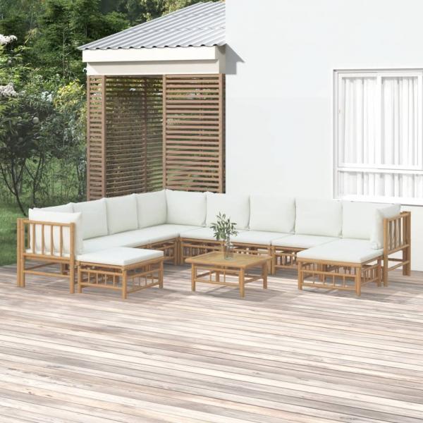 ARDEBO.de - 11-tlg. Garten-Lounge-Set mit Cremeweißen Kissen Bambus