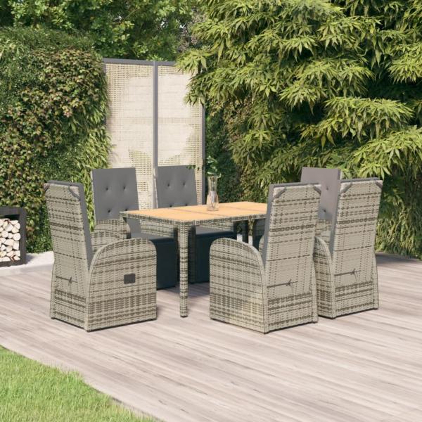 ARDEBO.de - 7-tlg. Garten-Essgruppe mit Kissen Grau Poly Rattan