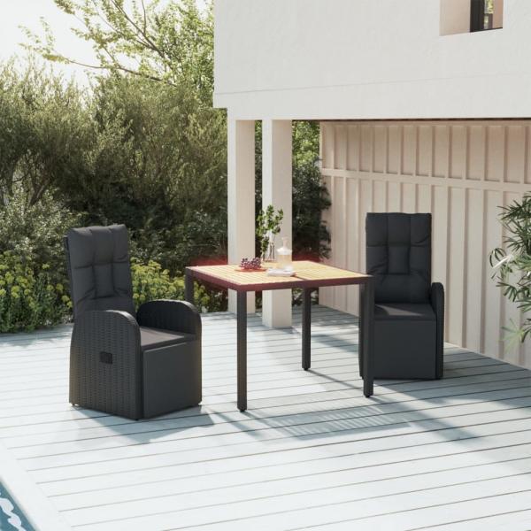 ARDEBO.de - 3-tlg. Garten-Essgruppe Schwarz Poly Rattan & Massivholz Akazie