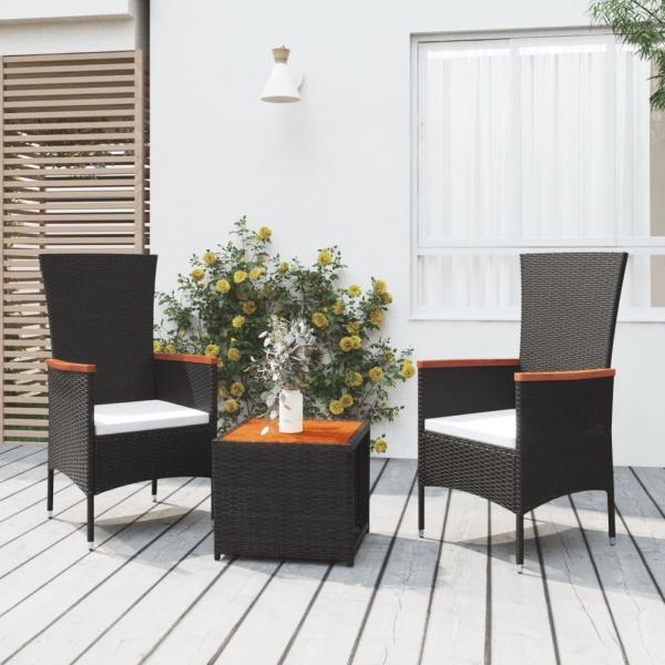 ARDEBO.de - 3-tlg. Garten-Lounge-Set Schwarz Poly Rattan Massivholz Akazie