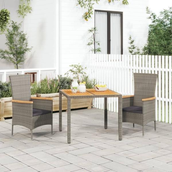 ARDEBO.de - 3-tlg. Garten-Essgruppe mit Kissen Grau Poly Rattan