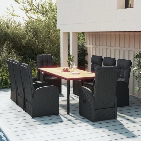 ARDEBO.de - 9-tlg. Garten-Essgruppe mit Kissen Schwarz Poly Rattan