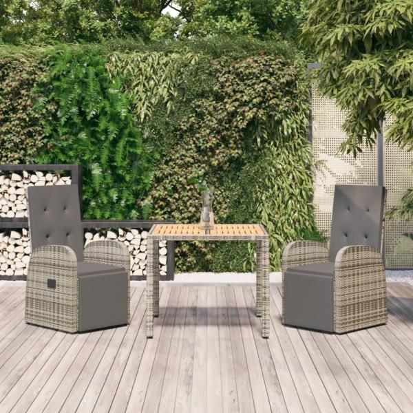 ARDEBO.de - 3-tlg. Garten-Essgruppe mit Kissen Grau Poly Rattan