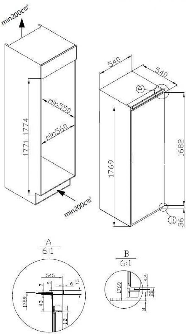 Amica EKSS 367 201 Einbaukühlschrank mit Gefrierfach, Nischenhöhe: 178 cm, 286 l, Schlepptür-Technik, Inverter, LED-Beleuchtung (1195120)