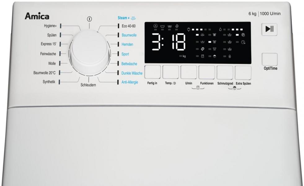 Amica WT 461 711 6 kg Toplader Waschmaschine, 40 cm breit, 1000 U/min, 16 Programme, Aquastopp, Drehwähler, SteamTouch, LED-Display, Kindersicherung, Schaumerkennung, weiß (1194897)