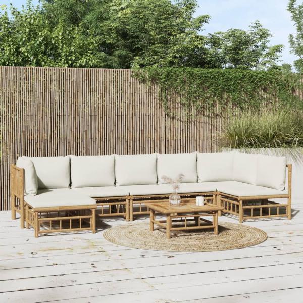 ARDEBO.de - 8-tlg. Garten-Lounge-Set mit Cremeweißen Kissen Bambus