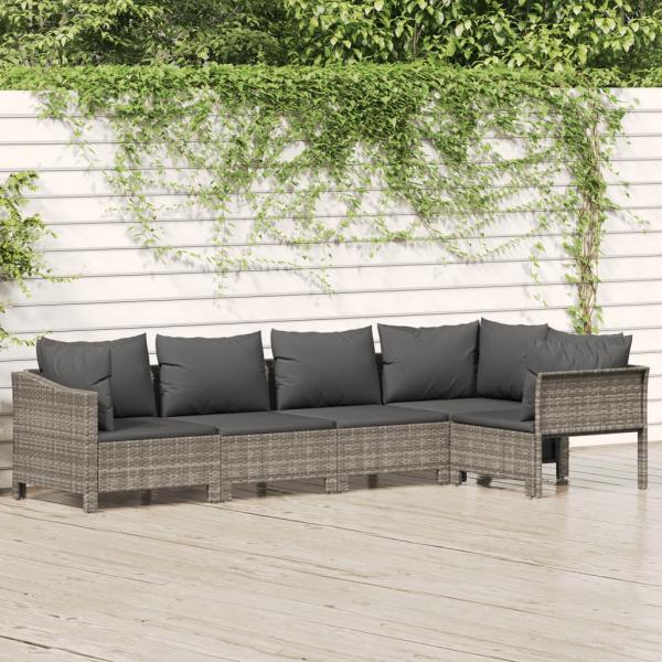 ARDEBO.de - 5-tlg. Garten-Lounge-Set mit Kissen Grau Poly Rattan