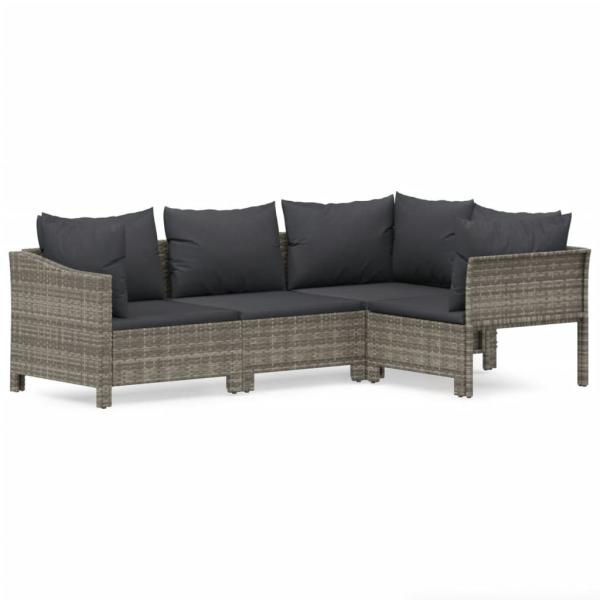 4-tlg. Garten-Lounge-Set mit Kissen Grau Poly Rattan