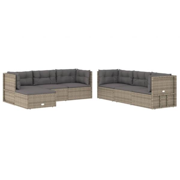 7-tlg. Garten-Lounge-Set mit Kissen Grau Poly Rattan