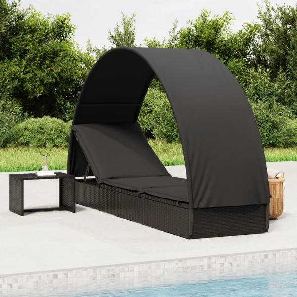 ARDEBO.de - Sonnenliege mit Runddach Schwarz 211x57x140 cm Poly Rattan