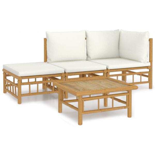 4-tlg. Garten-Lounge-Set mit Cremeweißen Kissen Bambus