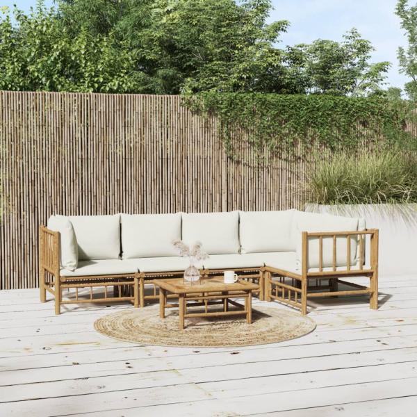 ARDEBO.de - 6-tlg. Garten-Lounge-Set mit Cremeweißen Kissen Bambus