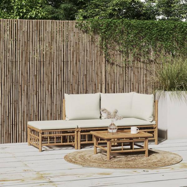 ARDEBO.de - 3-tlg. Garten-Lounge-Set mit Kissen Creme Bambus