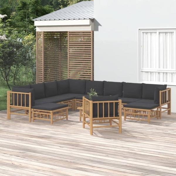 ARDEBO.de - 12-tlg. Garten-Lounge-Set mit Dunkelgrauen Kissen Bambus