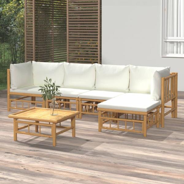 ARDEBO.de - 6-tlg. Garten-Lounge-Set mit Cremeweißen Kissen Bambus