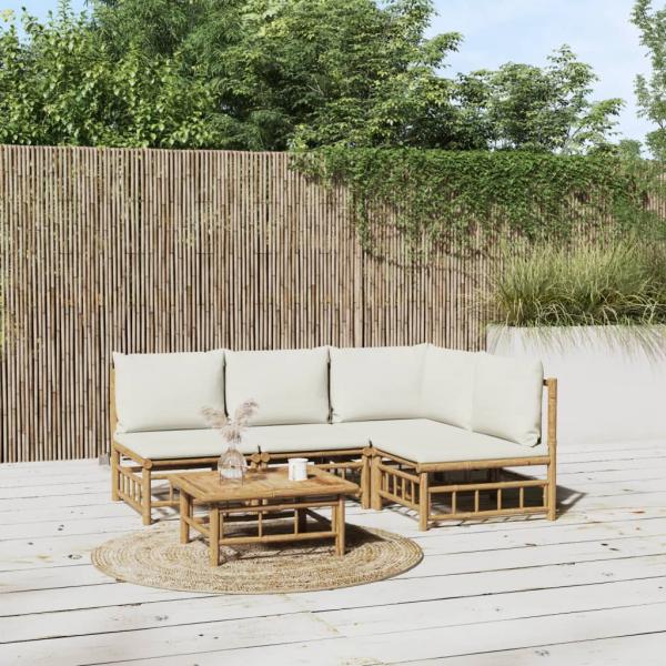 ARDEBO.de - 5-tlg. Garten-Lounge-Set mit Cremeweißen Kissen Bambus