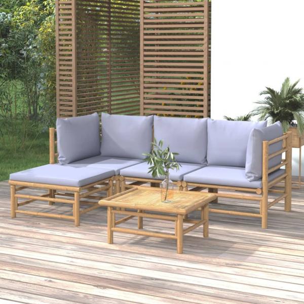 ARDEBO.de - 5-tlg. Garten-Lounge-Set mit Hellgrauen Kissen Bambus