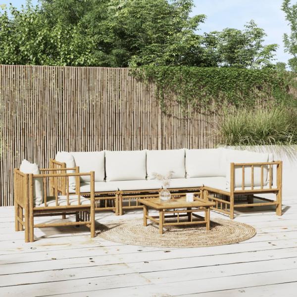 ARDEBO.de - 7-tlg. Garten-Lounge-Set mit Cremeweißen Kissen Bambus