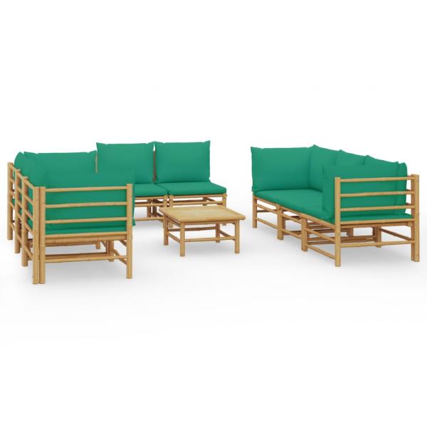 9-tlg. Garten-Lounge-Set mit Grünen Kissen Bambus