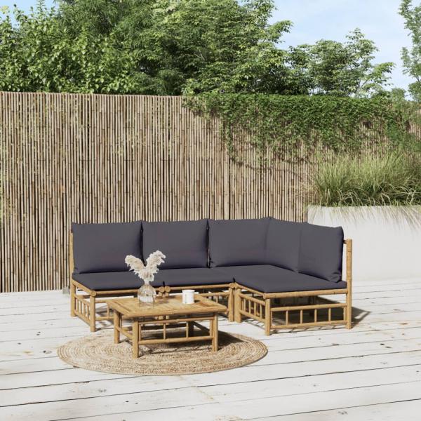 ARDEBO.de - 5-tlg. Garten-Lounge-Set mit Dunkelgrauen Kissen Bambus