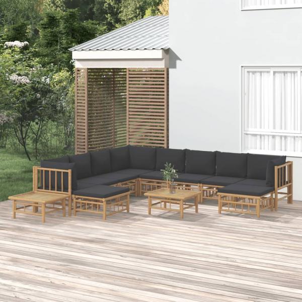 ARDEBO.de - 12-tlg. Garten-Lounge-Set mit Dunkelgrauen Kissen Bambus