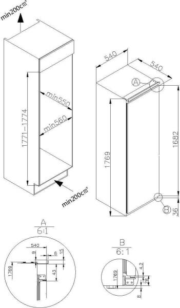 Amica EVKSS 357 210 Einbau-Vollraum-Kühlschrank, Nischenhöhe: 178 cm, 316 L, Schlepptür-Technik, elektronische Steuerung, Tür-Offen-Alarm, Inverter Kompressor, weiß (1195117)