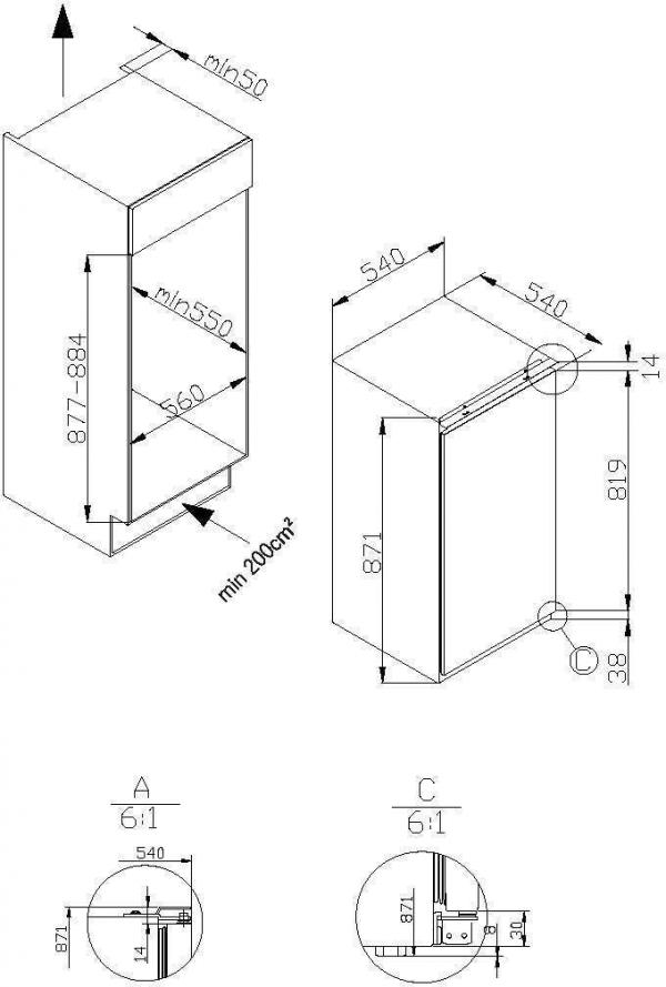 Amica EVKSS 353 900 Einbau-Vollraum-Kühlschrank, Nischenhöhe: 88 cm, 135 L, Schlepptür-Technik, elektronische Steuerung, Tür-Offen-Alarm, Inverter Kompressor, weiß (1195018)