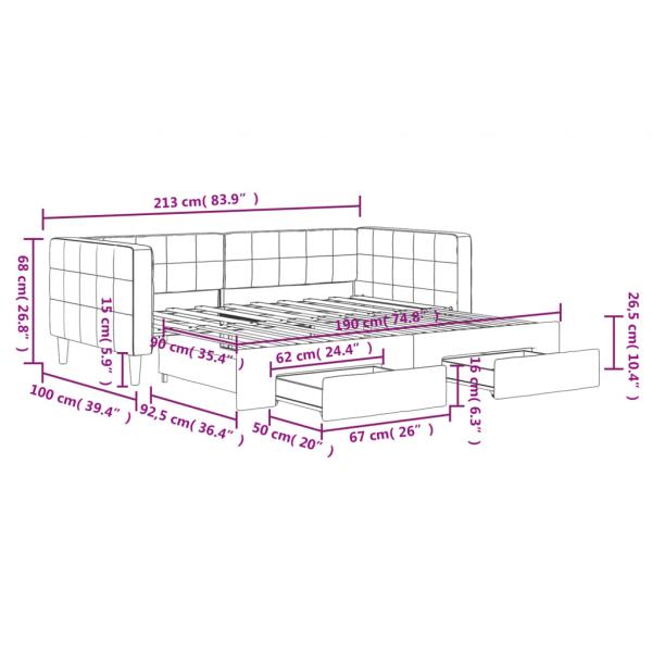 Tagesbett Ausziehbar mit Schubladen Schwarz 90x190 cm Samt