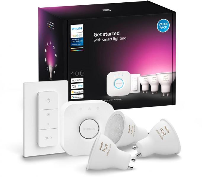 ARDEBO.de Philips Hue 400 Starter-Set: 3 smarte GU10-Spots + Dimmschalter, LED, GU10, 400lm, 4,2W, 4000K, weiß (929003666510)