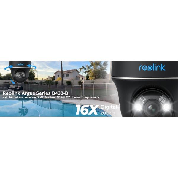 Reolink Argus Series B430-B akkubetriebene, kabellose 5 MP Dualband WLAN-Überwachungskamera, Schwenk- und Neigefunktion, schwarz