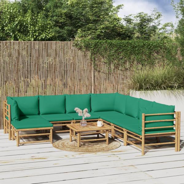 ARDEBO.de - 9-tlg. Garten-Lounge-Set mit Grünen Kissen Bambus