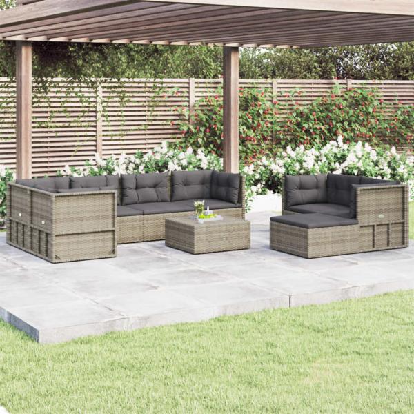 ARDEBO.de - 8-tlg. Garten-Lounge-Set mit Kissen Grau Poly Rattan