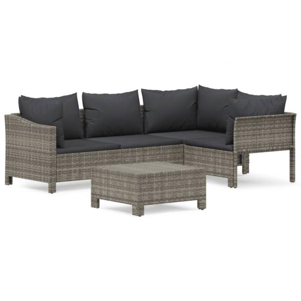 5-tlg. Garten-Lounge-Set mit Kissen Grau Poly Rattan