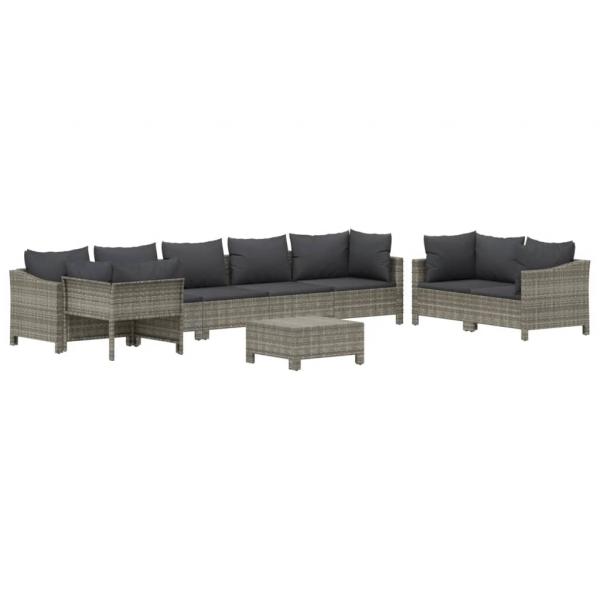 9-tlg. Garten-Lounge-Set mit Kissen Grau Poly Rattan