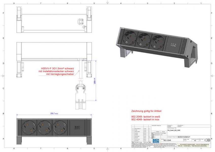 Bachmann DESK2 Steckdosenleiste, 3xSchuko, 16A, 0,2m, weiß (902.2048)